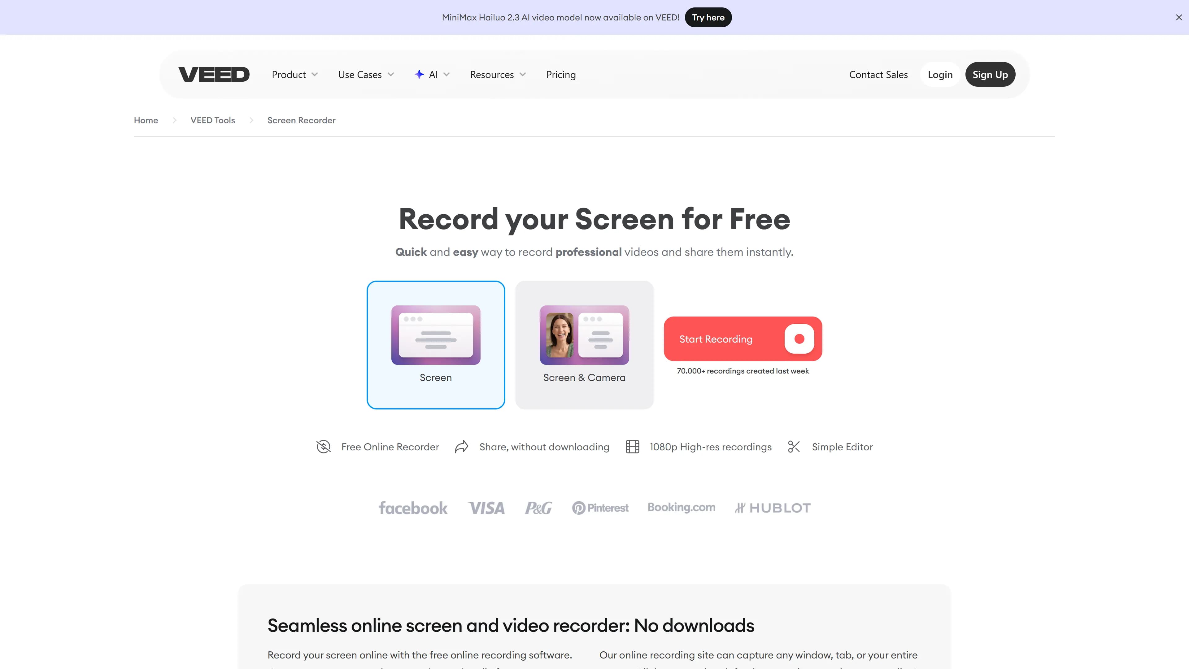 Veed.io showing 10 minute monthly recording limit warning