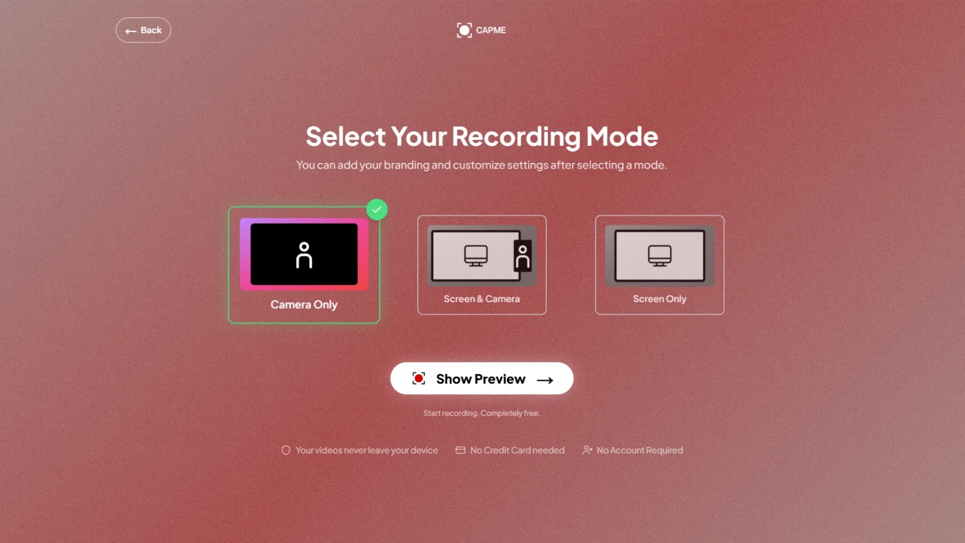 Capme recording modes selector showing screen only, webcam only, and screen + webcam options