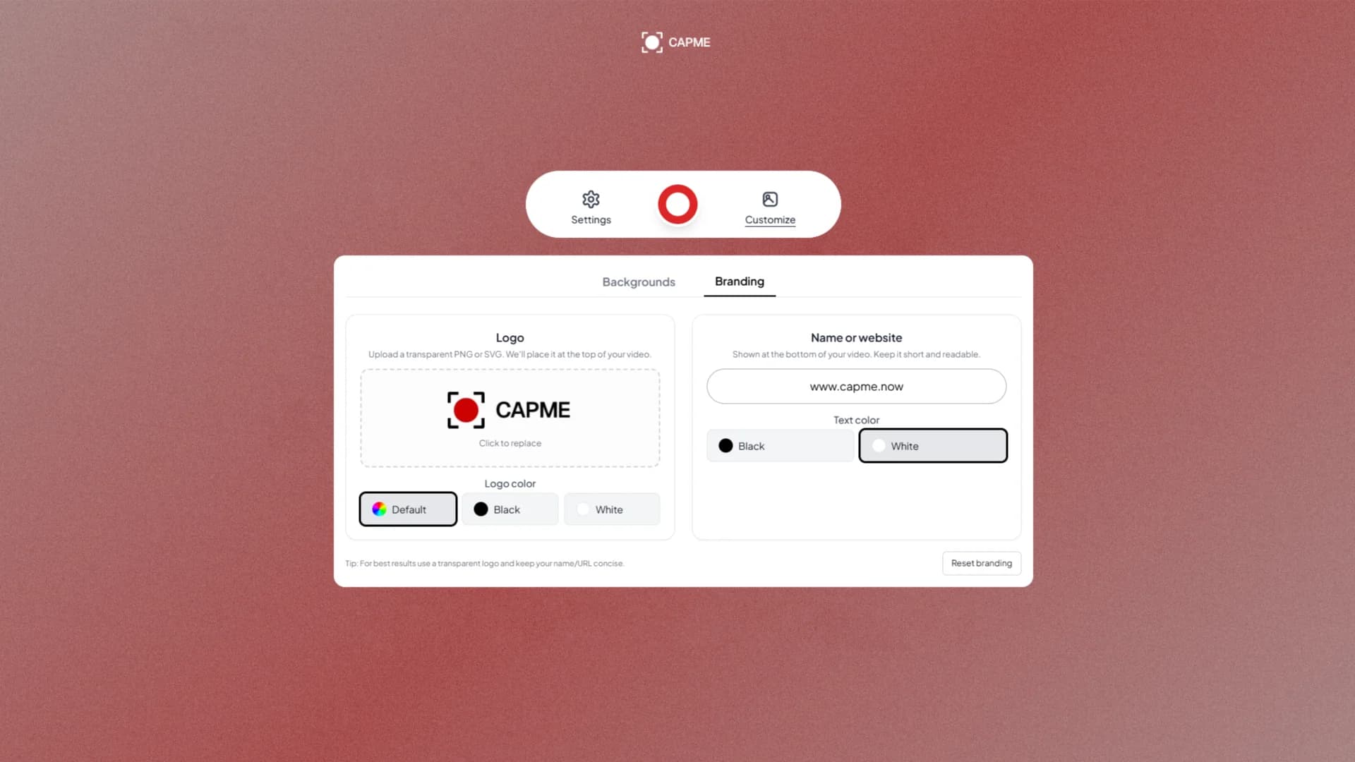 Capme branding interface overview showing how easy it is to add custom branding